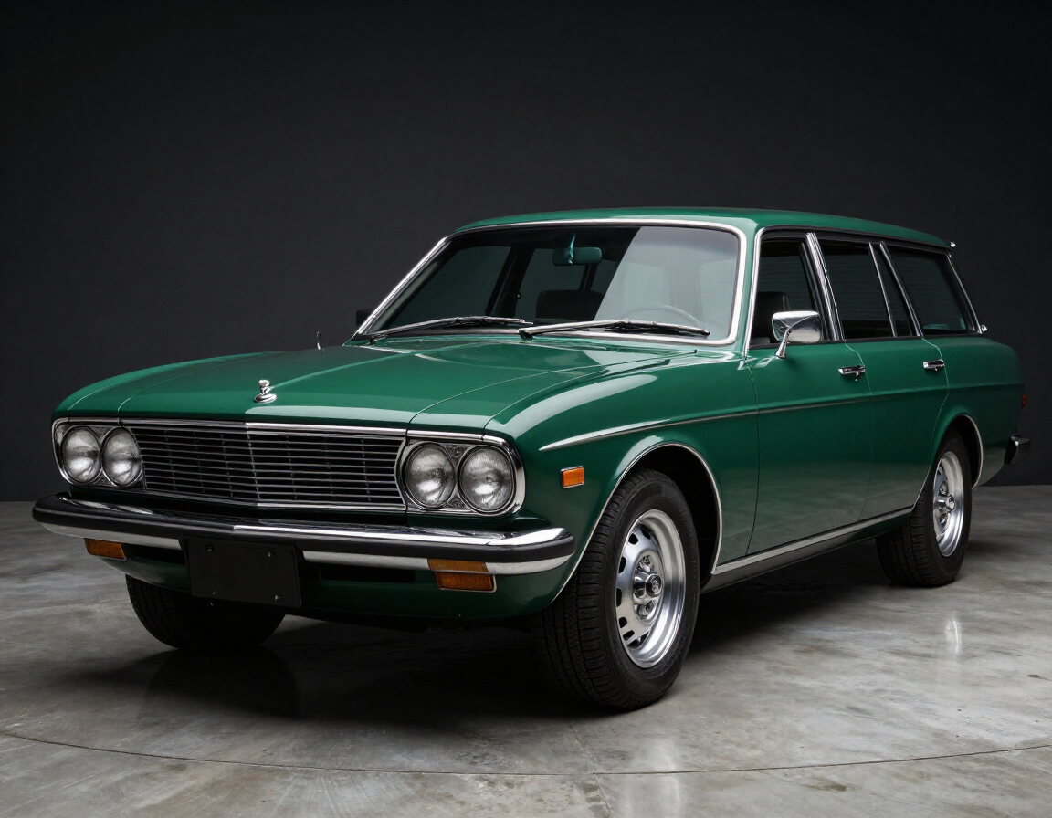Green vintage station wagon on a gray studio backdrop, angled front-left view.