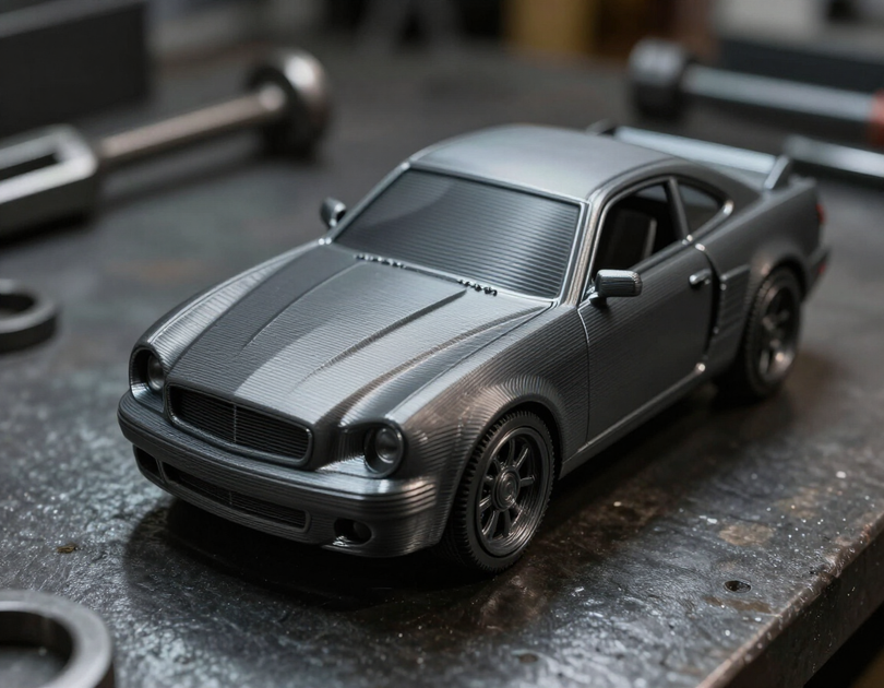 Gray model sports car on a workbench, viewed from above