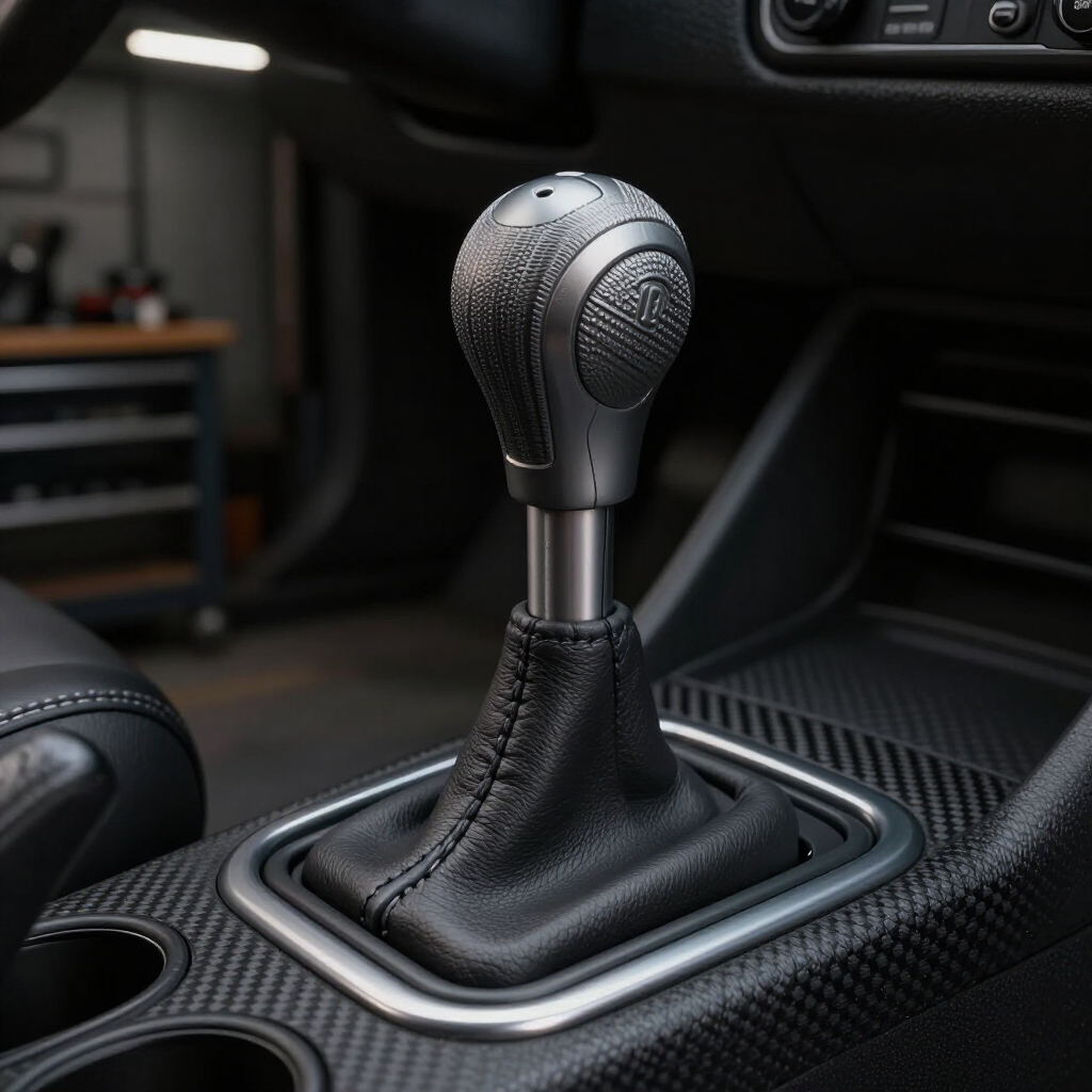 Close-up of a silver manual gear shift with black leather boot in a car interior