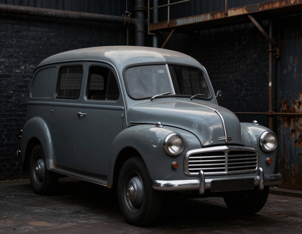 Vintage gray car parked in a dark industrial garage