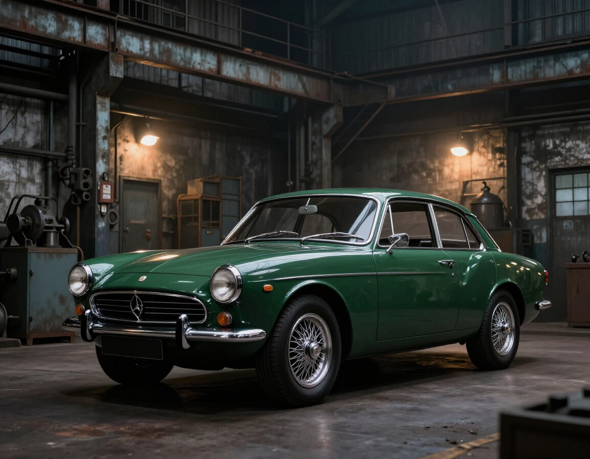 Classic green coupe parked in a dim industrial garage, lit by warm wall lamps.
