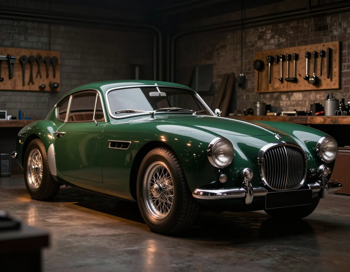 Green classic Jaguar sports car in a dim workshop, with tools hanging on the walls