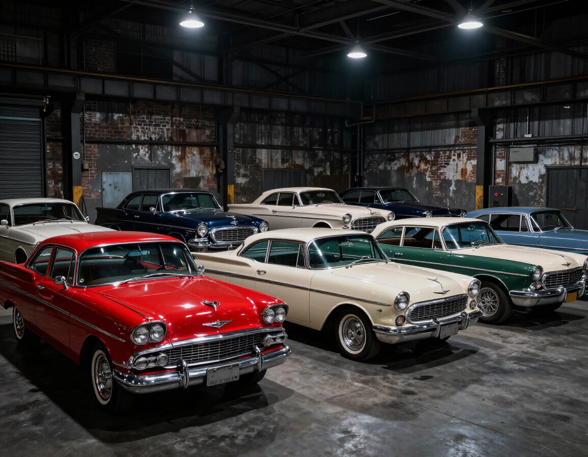 Classic cars parked in a dim warehouse, including a red and cream vintage sedan in the foreground