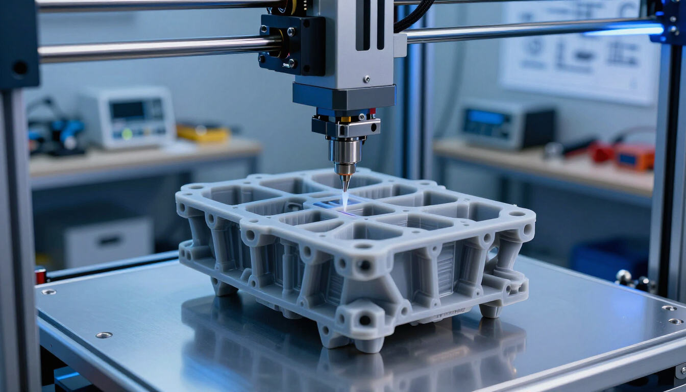 3D printer extruding a gray mechanical part on a metal build plate in a workshop