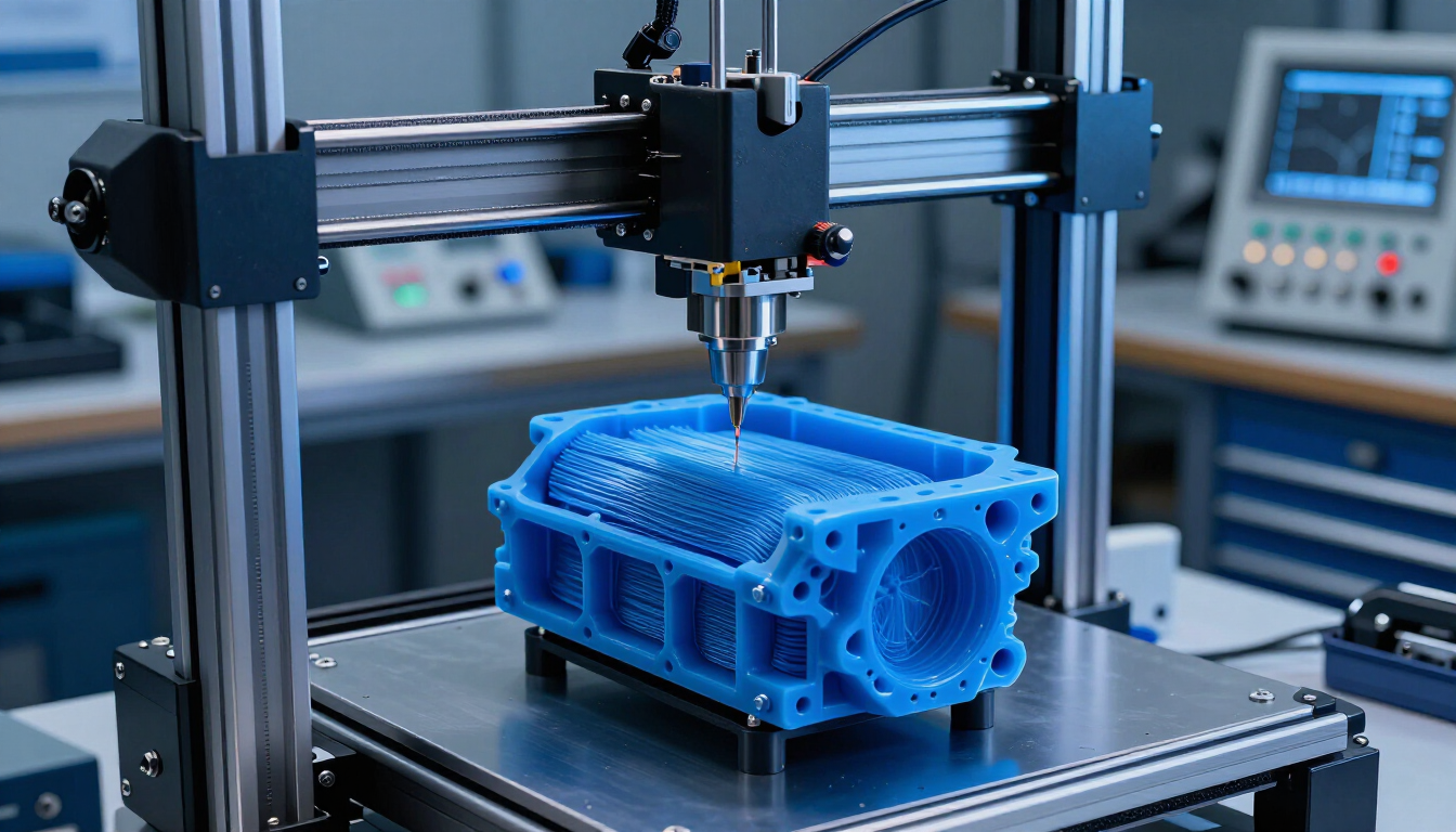 3D printer printing a blue mechanical part on a build plate