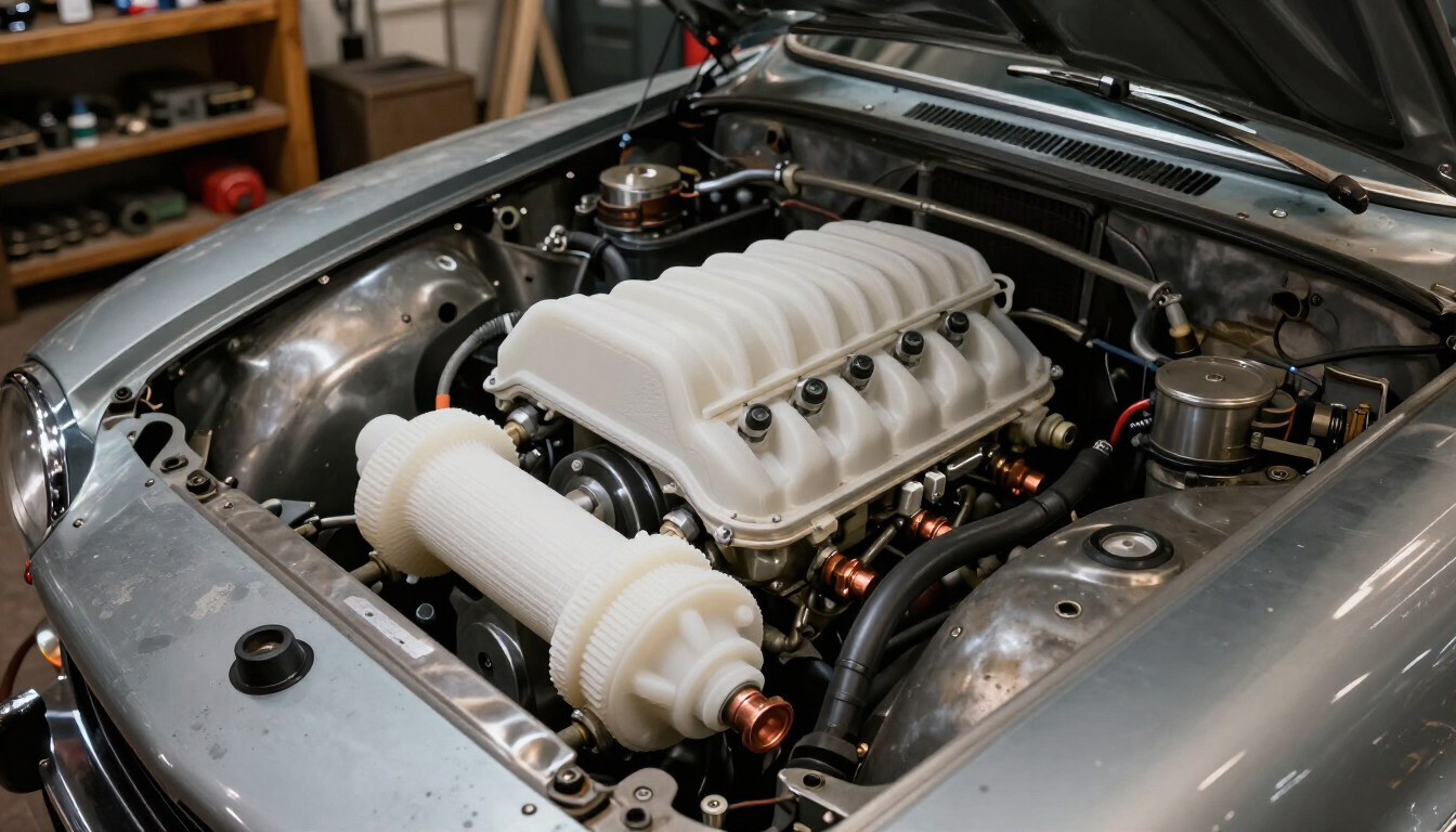 Modified car engine bay with a silver supercharger and polished components