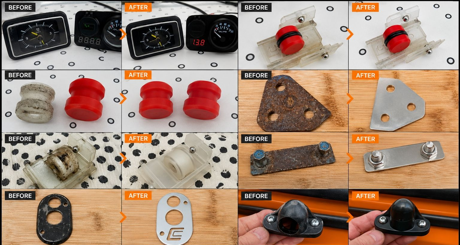Collage of black, red, and gray engine parts and mounts shown on a wooden table, with close-up detail shots.