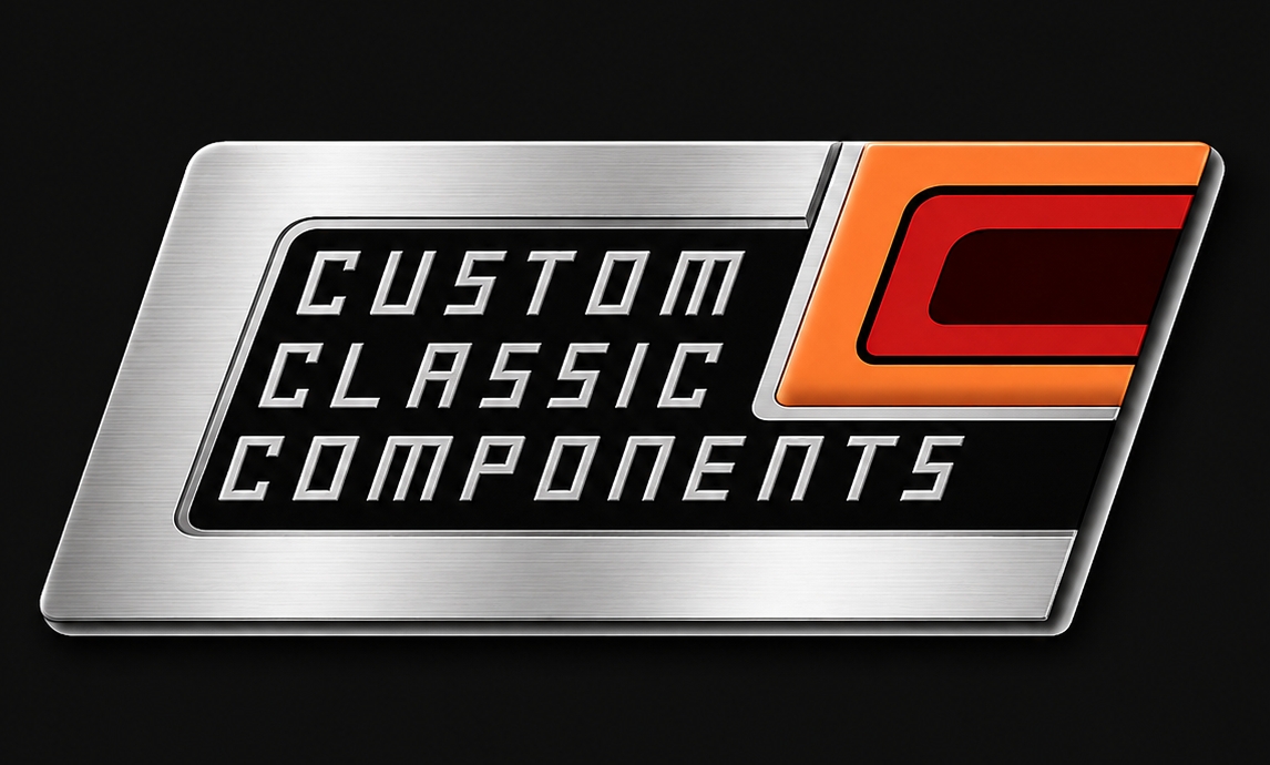 Custom Classic Components logo in silver, black, red, and orange