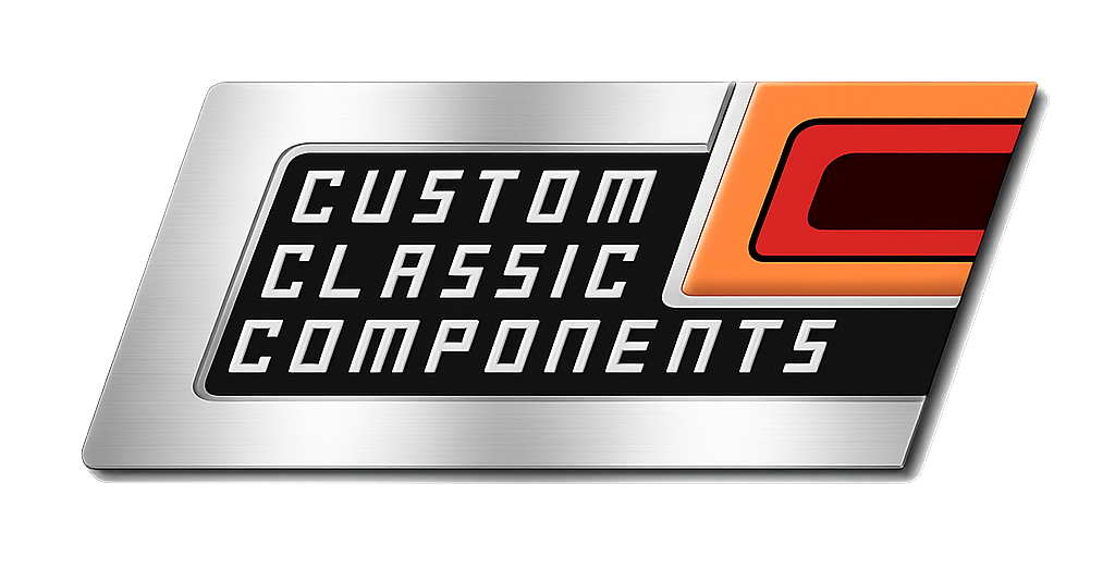 Custom Classic Components logo with black, white, red, and orange text and a stylized red C