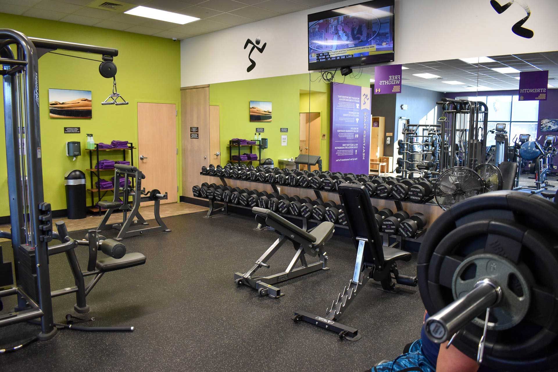 Gym interior with weight benches, dumbbells, and exercise machines on green walls