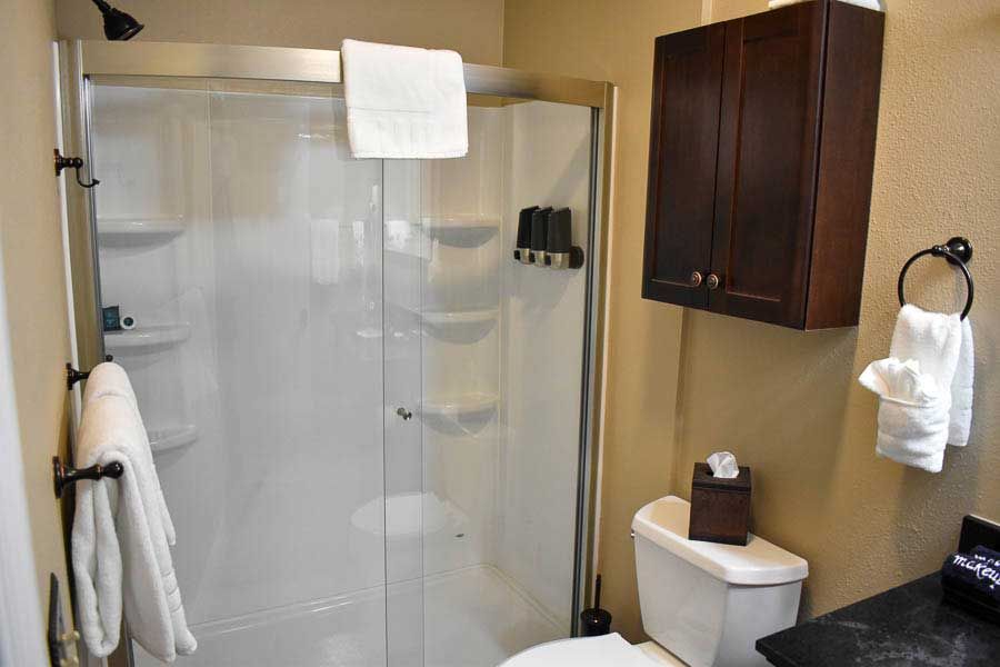 Bathroom with glass shower, toilet, wall cabinet, and towel rack above granite counter.
