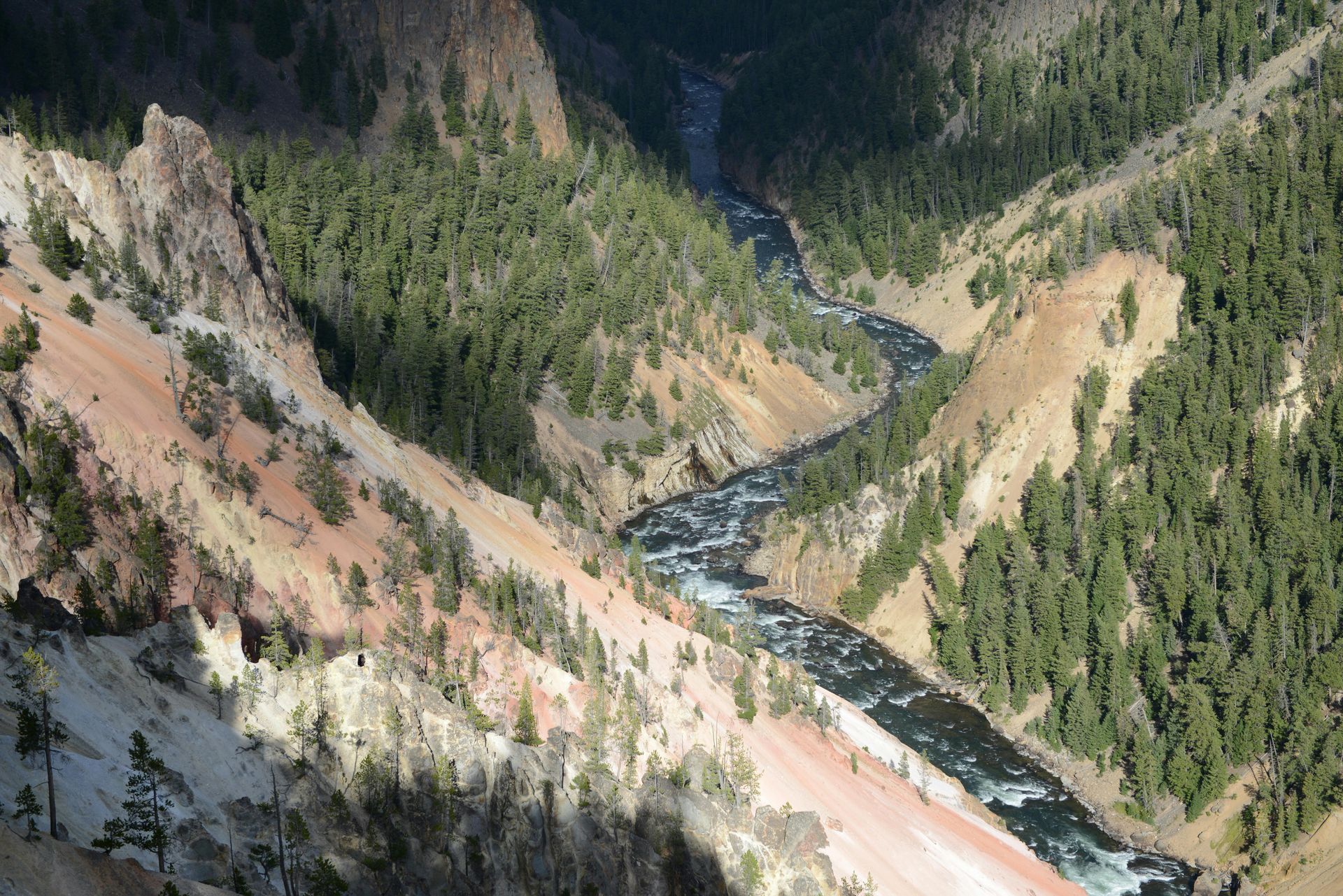 A river winding through a forested mountain canyon with rocky, sunlit slopes