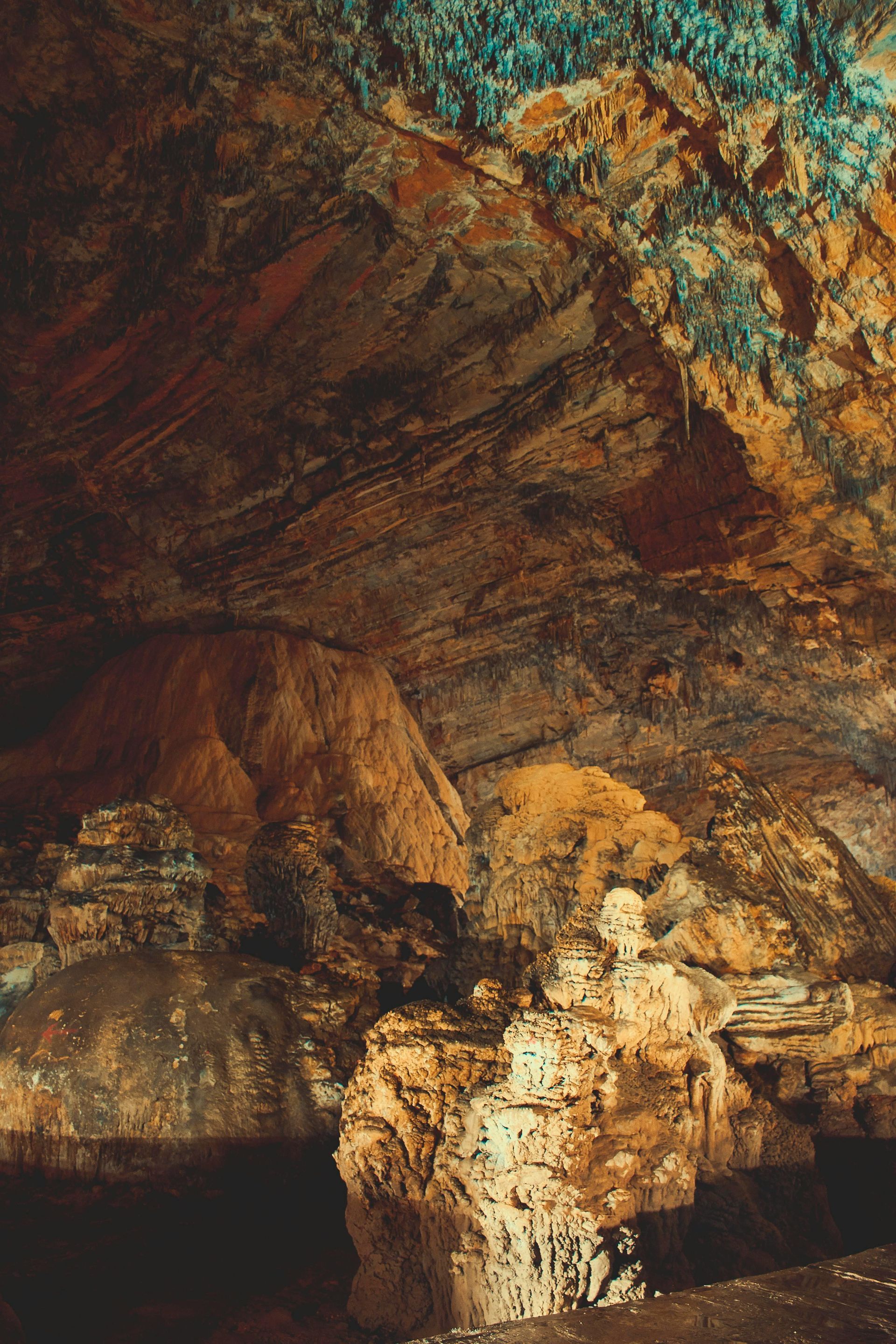 Rocky cave wall with textured brown and gold mineral formations.