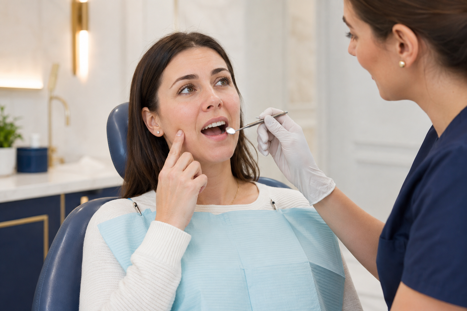 Man smiling in a dental chair with a dentist in blue scrubs nearby, clinic setting