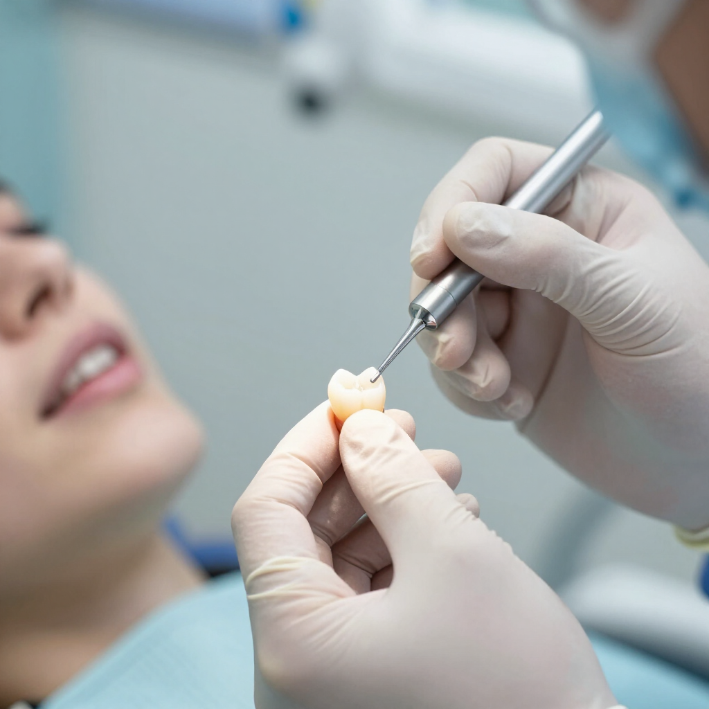 Close-up of a woman getting her teeth examined by a gloved dentist