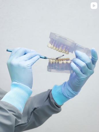 Gloved hands hold a dental model while a tool adjusts teeth alignment.