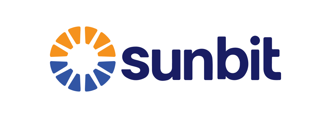 Sunbit logo with a circular design in blue and orange. Dark blue text "sunbit".