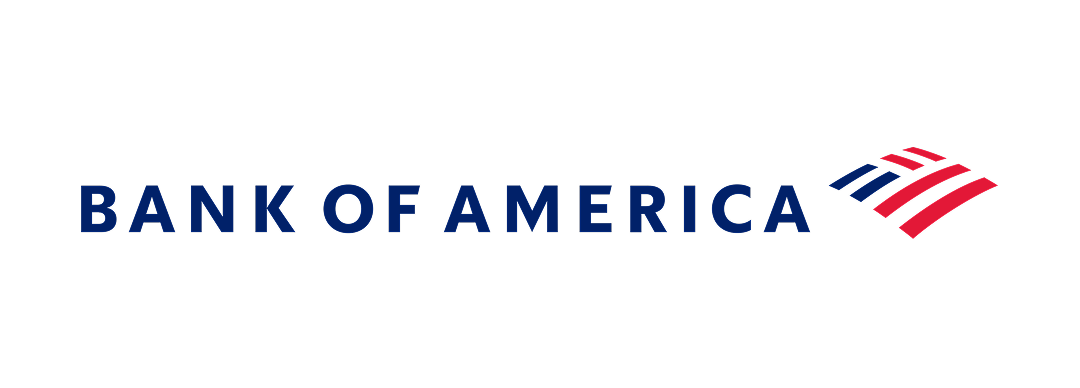Bank of America logo: dark blue text and a stylized red, white, and blue flag design.