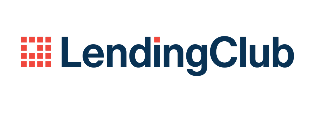 LendingClub logo: Text in dark blue next to a red and white square-like design. The "i" in "LendingClub" is red.