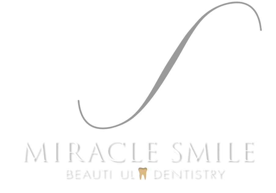 Logo for Miracle Smile: white text, gold tooth icon,