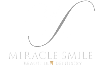 Logo for Miracle Smile: white text, gold tooth icon, 