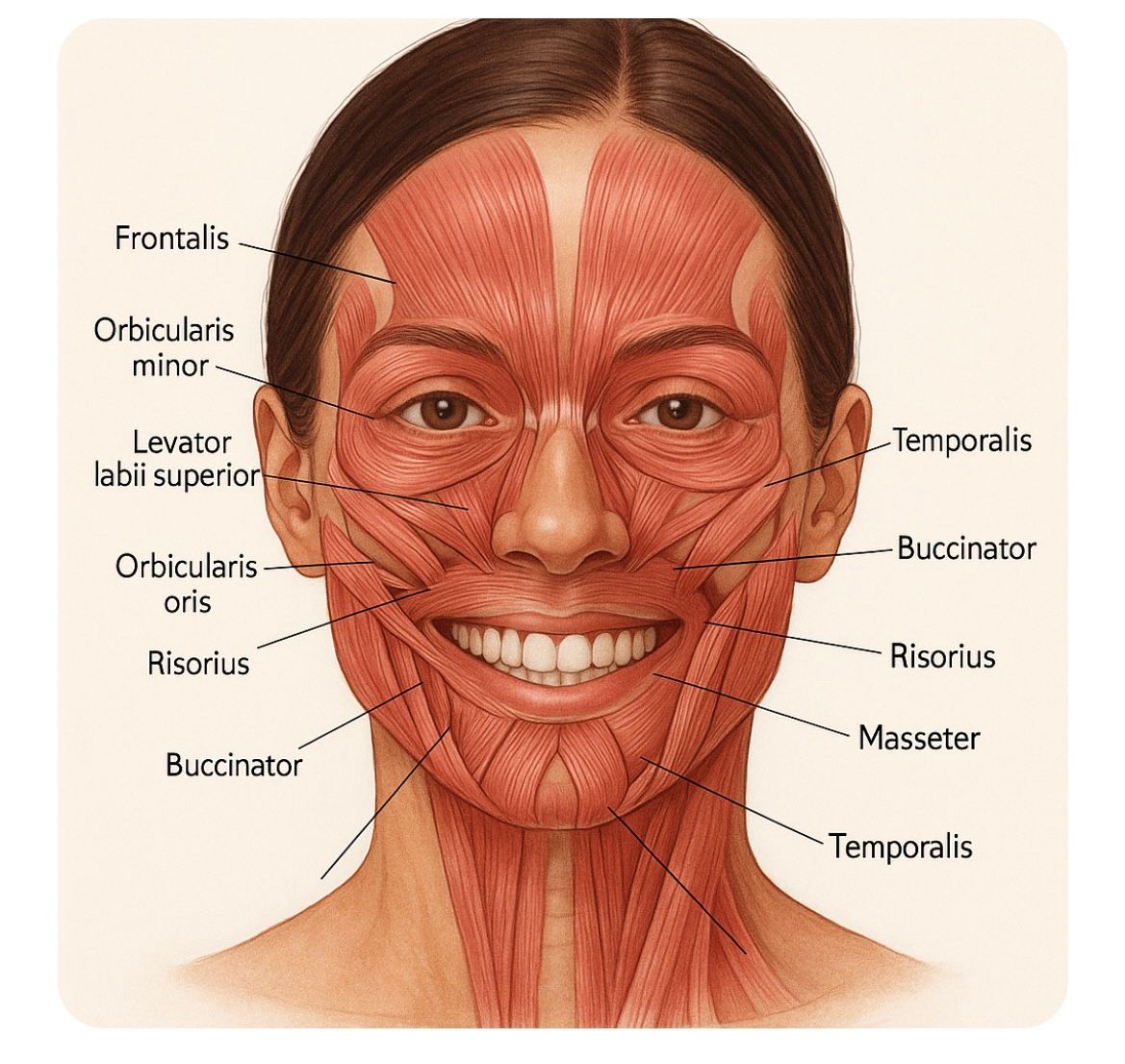 Labeled facial muscle anatomy diagram showing front view of a smiling face with highlighted muscles.
