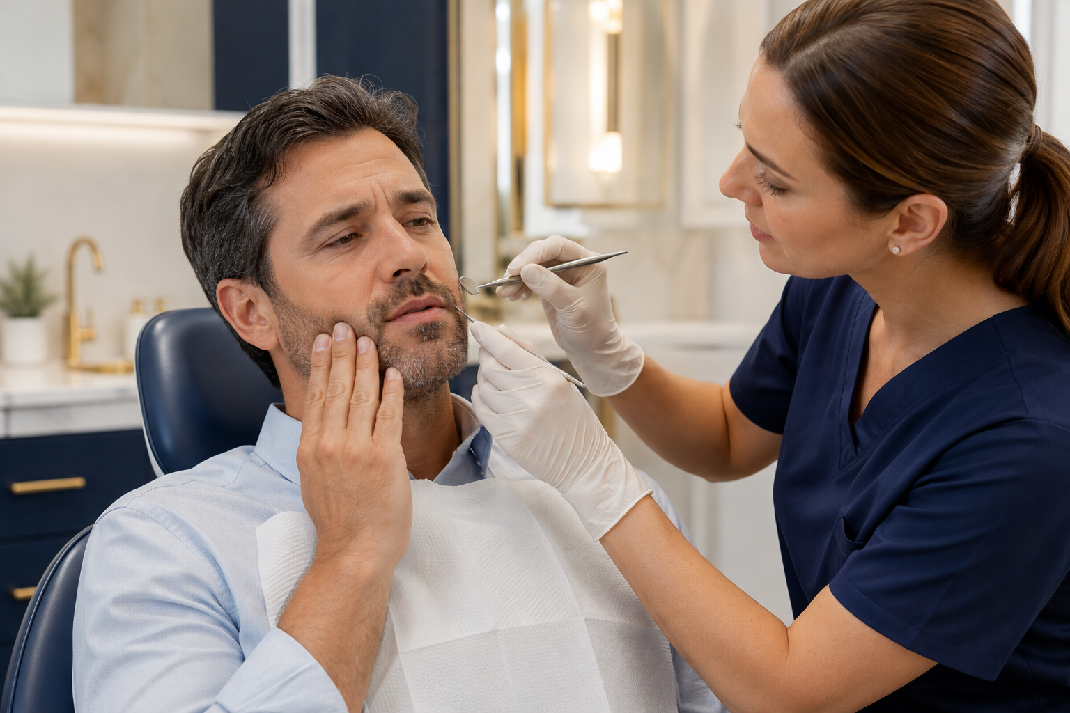 Dentist examining a man's mouth with a dental mirror in a bright clinic