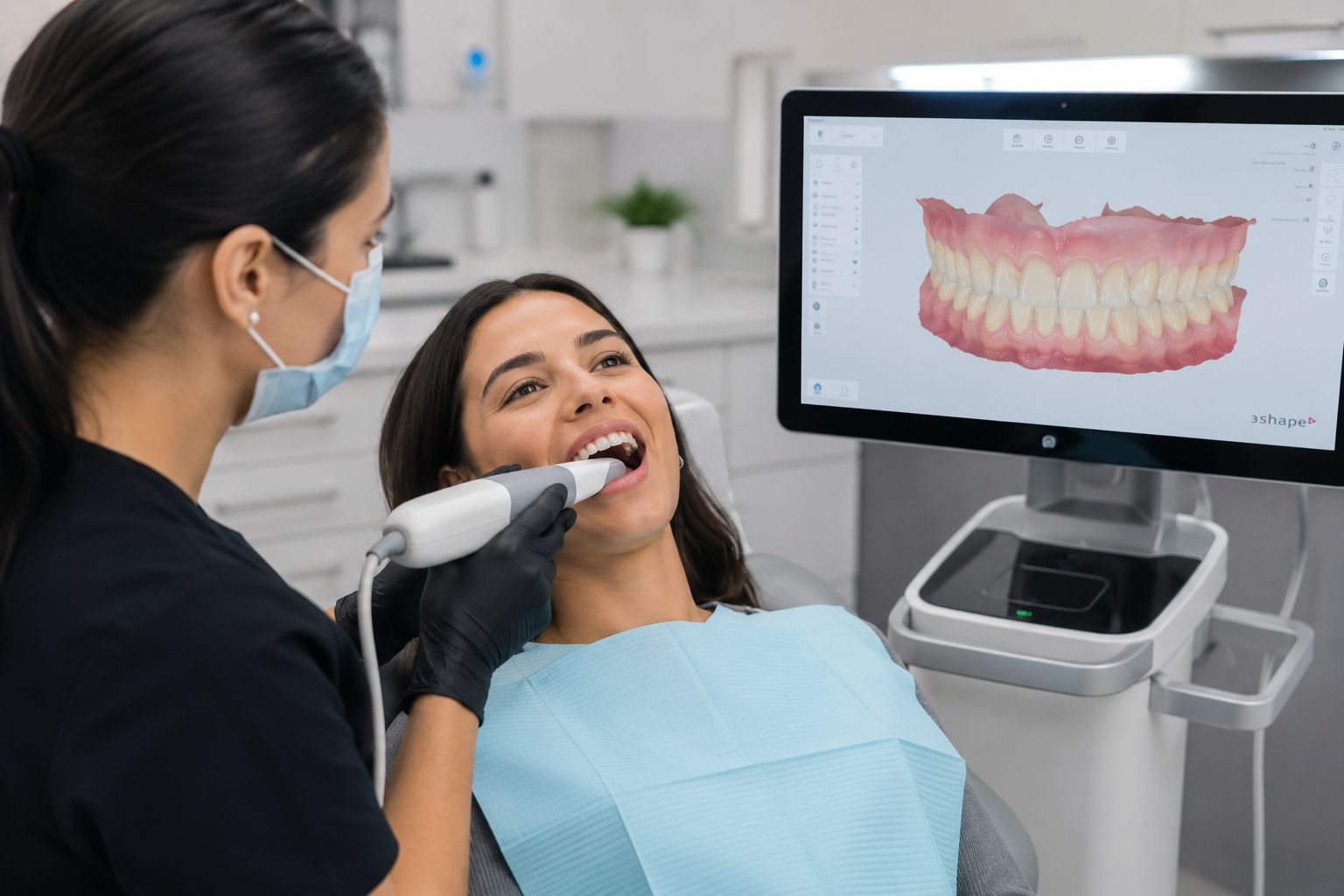 Close-up of a woman getting her teeth examined by a gloved dentist