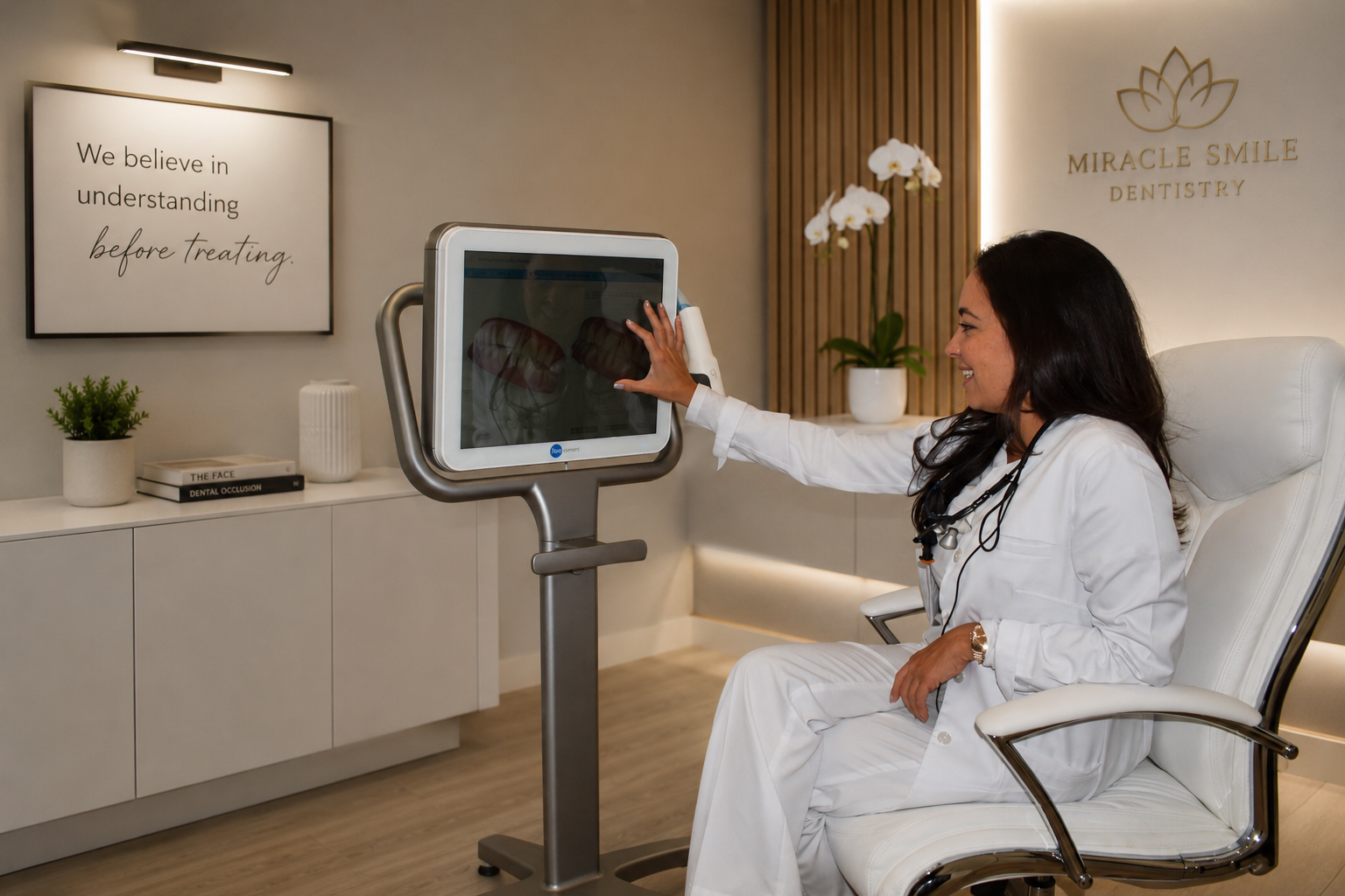 Woman in white sits in a spa treatment room, touching a touchscreen display on a wheeled stand.