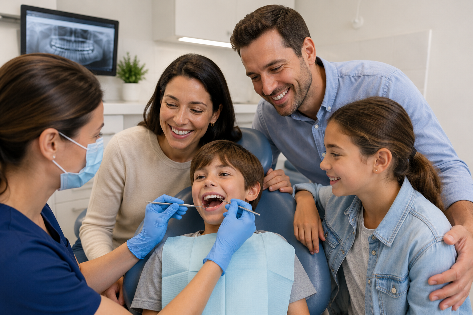 Close-up of a woman getting her teeth examined by a gloved dentist
