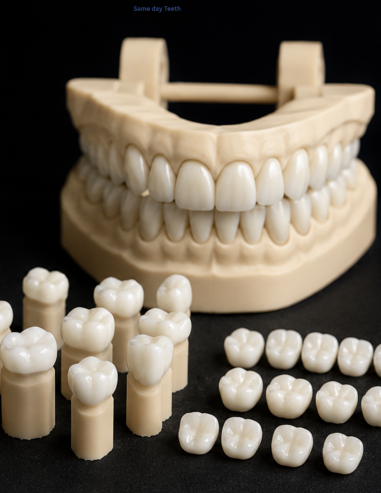 Dental model with removable teeth pieces arranged beside it on a black background