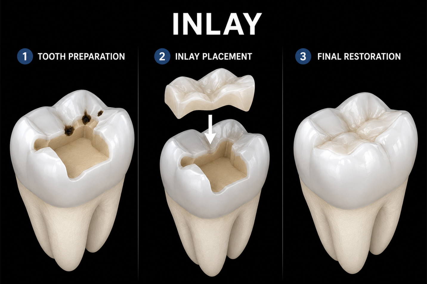Three-step dental inlay process showing tooth preparation, inlay placement, and final restoration.