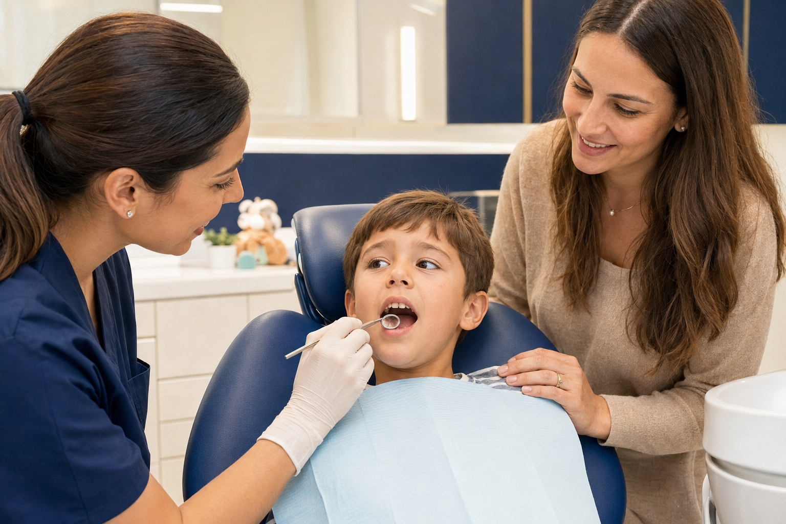 Dental exam with a child in a blue chair, dentist checking teeth while a parent smiles nearby
