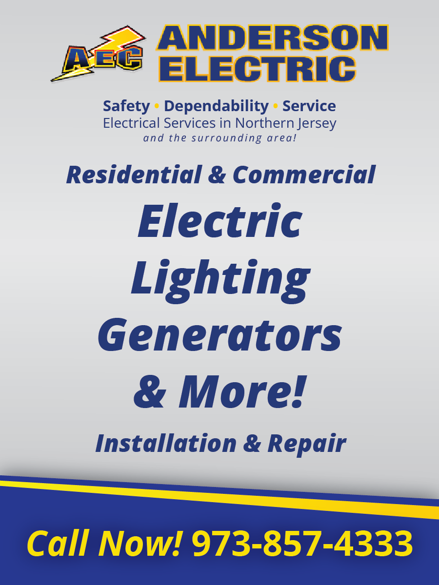 Advertisement for Anderson Electric, providing residential and commercial electrical services. Call 973-857-4333.