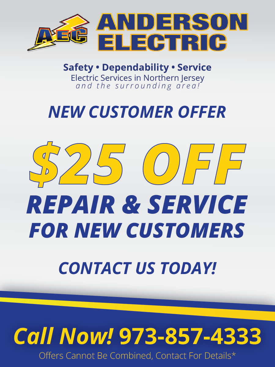 Anderson Electric advertisement offering $25 off repair and service for new customers. Call 973-857-4333.