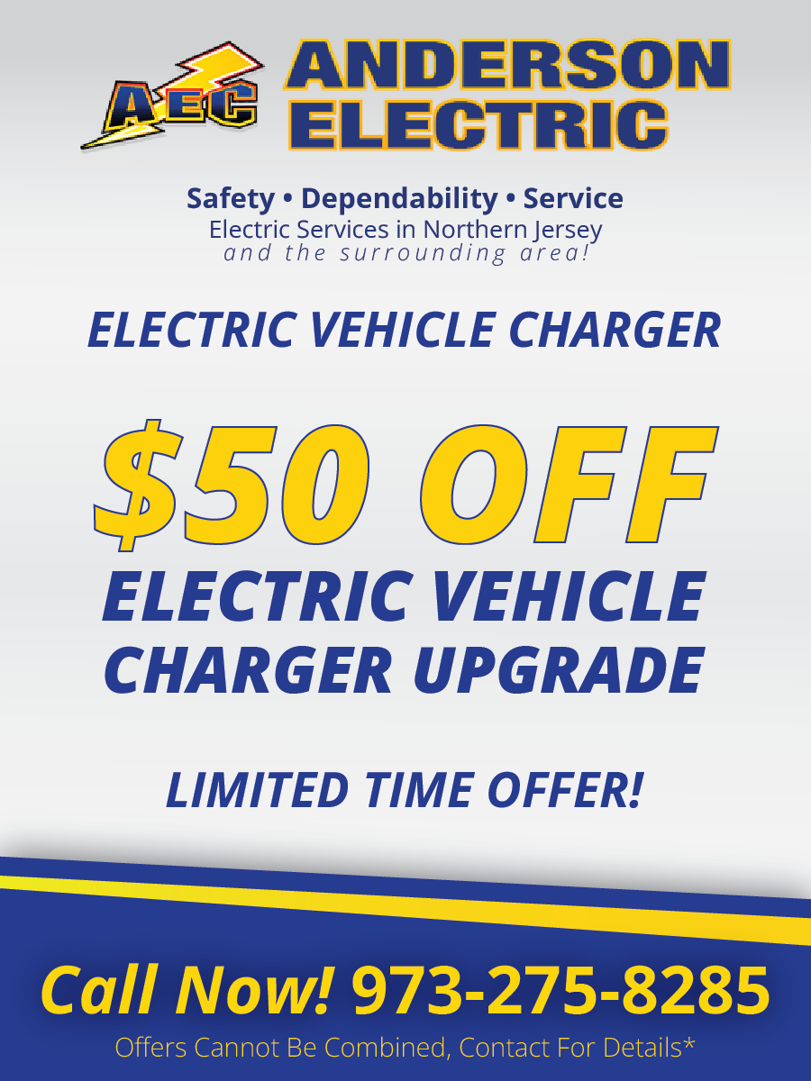 Anderson Electric promotional flyer offering $50 off an electric vehicle charger upgrade. Call 973-275-8285 for details.