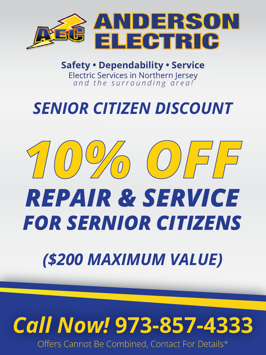 Anderson Electric advertisement offering a 10% senior citizen discount on repairs and service. Call 973-857-4333.