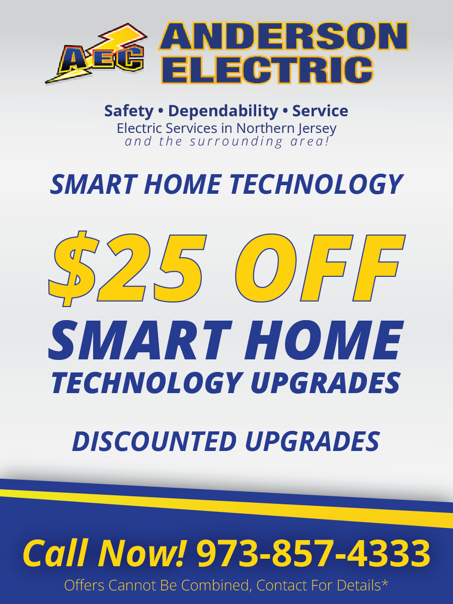 An Anderson Electric advertisement for $25 off smart home technology upgrades, including their phone number 973-857-4333.