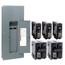 A gray electrical breaker panel shown with three single-pole and two double-pole circuit breakers arranged to its right.