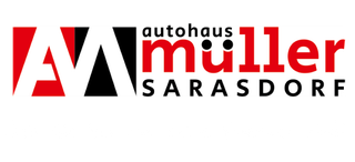 Autohaus Müller, bestehend aus einem stilisierten „M“ mit „autohaus müller SARASDORF“ in Rot und Schwarz.