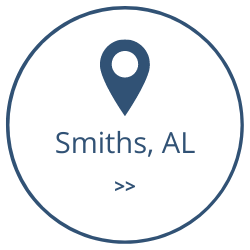 Blue location pin above “Smiths, AL” inside a blue-outlined circle with double chevrons below