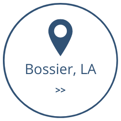 Blue location pin icon with “Bossier, LA” inside a circle and double chevrons below