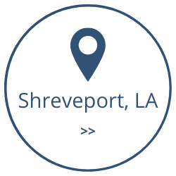 Blue location pin icon with “Shreveport, LA” and double chevrons inside a circle.