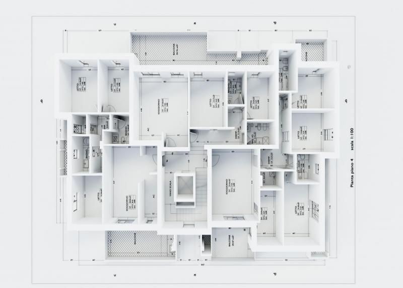 Top-down grayscale architectural floor plan of a large multi-room building with measured dimensions