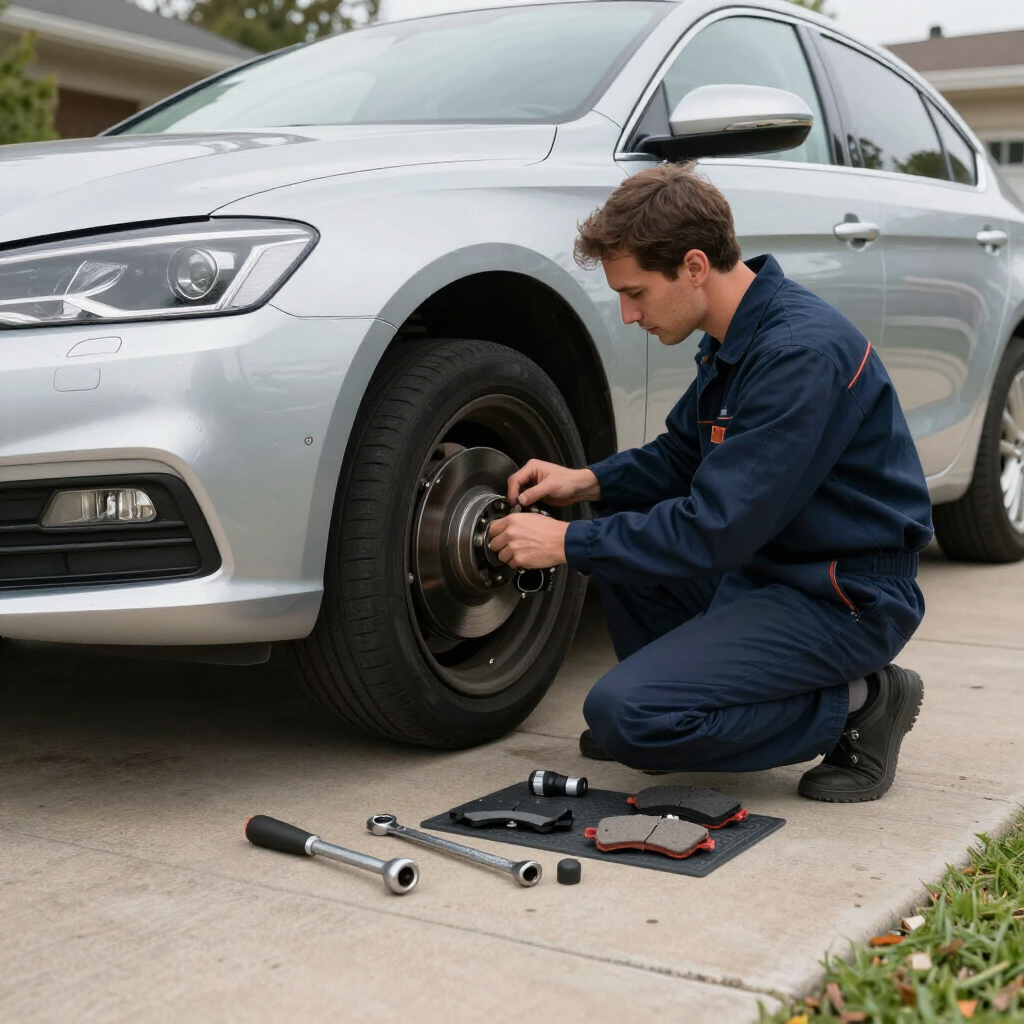 Mobile mechanic inspecting front brakes on a silver sedan in a driveway.
