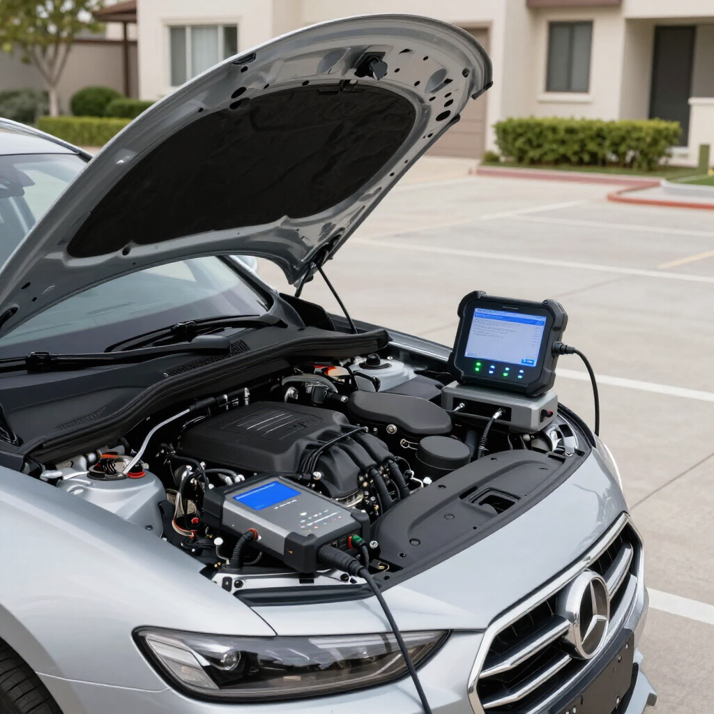 Diagnostic scanner connected to a car with the hood open during an on-site repair.
