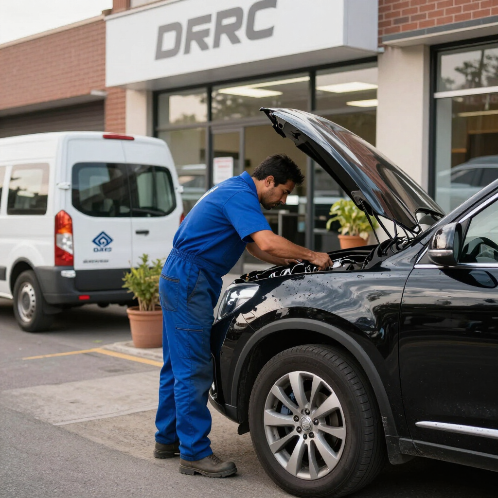 Mobile mechanic servicing a black SUV outside a business location.