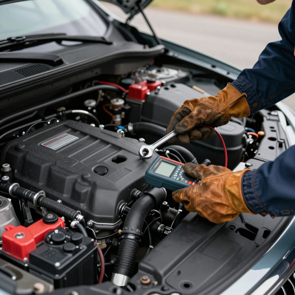 Close-up of an engine bay during a mobile inspection.