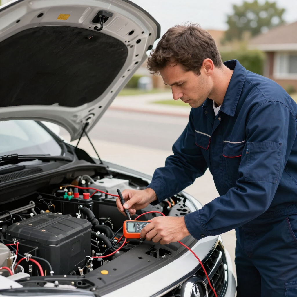 Technician testing a vehicle electrical system with a multimeter.