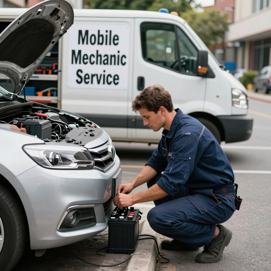 Technician replacing a car battery beside a curb with a service truck nearby.